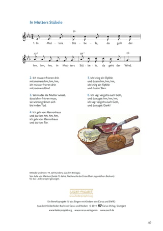 Ein Beneﬁzprojekt für das Singen mit Kindern von Carus und SWR2
Aus dem Kinderlieder-Buch von Carus und Reclam © 2011 Carus-Verlag, Stuttgart
www.liederprojekt.org www.carus-verlag.com www.swr2.de
www.liederprojekt.org
In Mutters Stübele
2. Ich muss erfrieren drin
mit meinem hm, hm, hm,
ich muss erfrieren drin
mit meinem Kind.
3. Wenn das die Mutter wüsst,
dass ich erfrieren muss,
sie würde grämen sich
bis in den Tod.
4. Ich geh vors Herrenhaus
und du vors hm, hm, hm,
ich geh vors Herrenhaus
und du vors Tor.
hm, hm, hm, in Mut ters Stü
B
be le, da geht der Wind.
E
In Mut ters Stü
E
be le, da geht der
1.
A 6 7
Melodie und Text: 19. Jahrhundert, aus dem Breisgau
Von Julia und Marleen (beide 13 Jahre, Nachwuchs des Cross Over Jugendchors Beckum)
für das Liederprojekt gesungen.
5. Ich krieg ein Äpfele
und du ein hm, hm, hm,
ich krieg ein Äpfele
und du ein’ Birn.
6. Ich sag: vergelts euch Gott,
und du sagst: hm, hm, hm,
ich sag: vergelts euch Gott,
und du sagst: Dank!
87
 