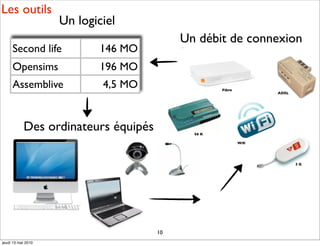 Les outils
                    Un logiciel
                                          Un débit de connexion
     Second life           146 MO
     Opensims              196 MO
     Assemblive             4,5 MO                 Fibre
                                                                 ADSL




           Des ordinateurs équipés          56 K

                                                           Wiﬁ




                                                                        3G




                                     10
jeudi 13 mai 2010
 