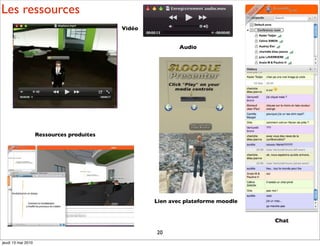 Les ressources
                                           Vidéo


                                                           Audio




                    Ressources produites




                                                   Lien avec plateforme moodle


                                                                                 Chat

                                                   20
jeudi 13 mai 2010
 