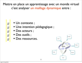 Mettre en place un apprentissage avec un monde virtuel
          c’est analyser un maillage dynamique entre :



              //    • Un contexte ;
              //    • Une intention pédagogique ;
              //    • Des acteurs ;
              //    • Des outils ;
              //    • Des ressources.



                                       5
jeudi 13 mai 2010
 