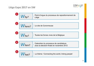 Liège Expo 2017 en 5W

     1
          Why?      Point d’orgue du processus de repositionnement de
                    Liège


     2
          Where?    Le site de Coronmeuse



     3
          Who?      Toutes les forces vives de la Belgique



     4
          When?     Calendrier du processus de candidature
                    avec la décision finale en novembre 2012


      5
          What?     Le thème: ‘Connecting the world, linking people’


                                                                        10
 