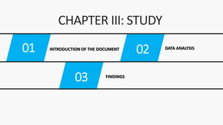 03
01 02
FINDINGS
DATA ANALYSISINTRODUCTION OF THE DOCUMENT
CHAPTER III: STUDY
 
