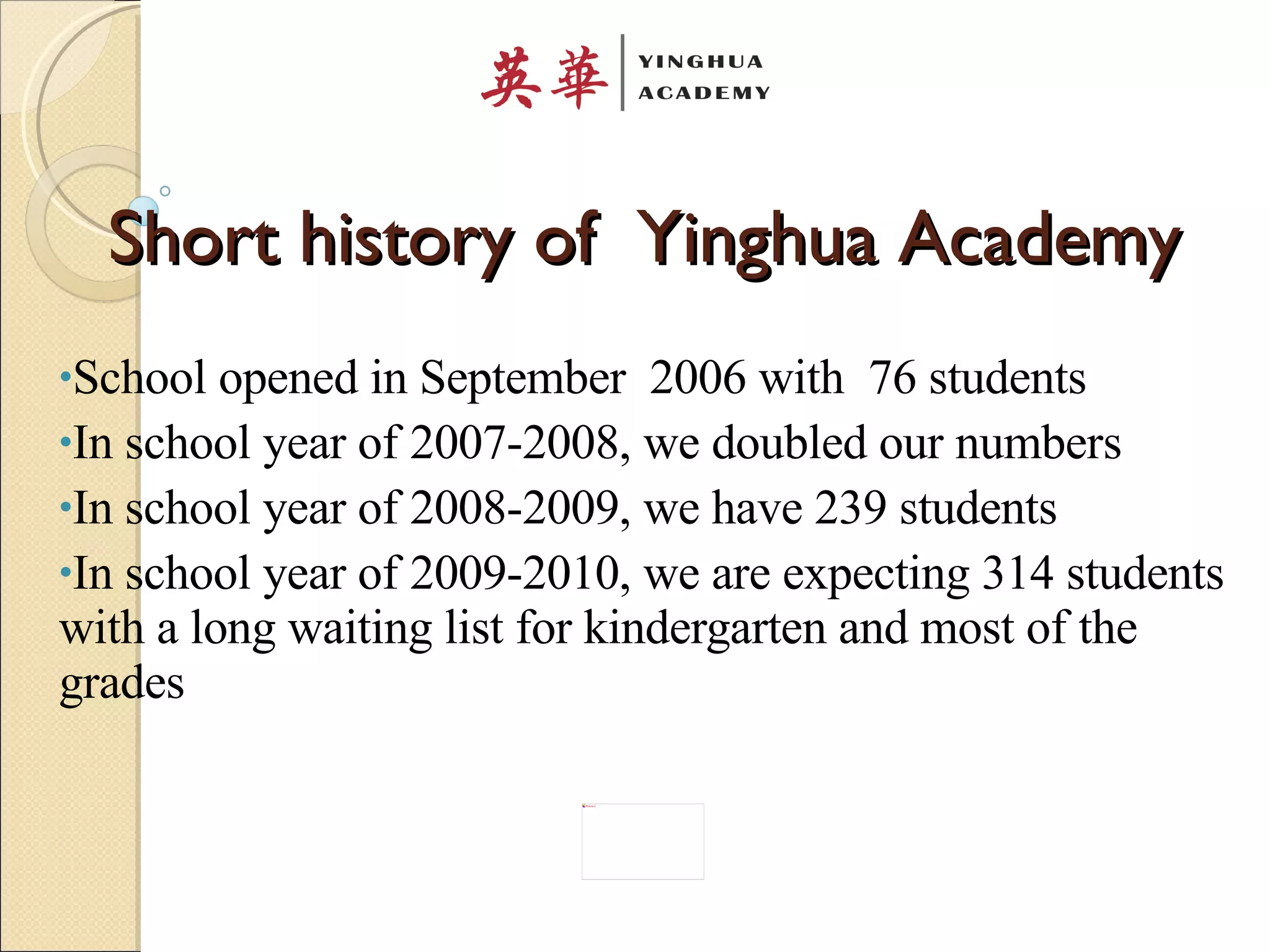 Short history of  Yinghua Academy  School opened in September  2006 with  76 students In school year of 2007-2008, we doubled our numbers In school year of 2008-2009, we have 239 students  In school year of 2009-2010, we are expecting 314 students with a long waiting list for kindergarten and most of the grades 