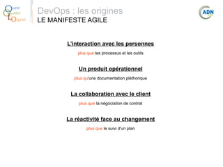 O
Q
Lo

uest
ualité
giciel

DevOps : les origines
LE MANIFESTE AGILE
L’interaction avec les personnes
plus que les processus et les outils

Un produit opérationnel
plus qu'une documentation pléthorique

La collaboration avec le client
plus que la négociation de contrat

La réactivité face au changement
plus que le suivi d'un plan

 