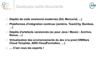 O
Q
Lo

uest
ualité
giciel

Quelques outils récurrents

✔ Dépôts de code versionné modernes (Git, Mercurial, ...)
✔ Plateformes d'intégration continue (Jenkins, TeamCity, Bamboo, 
…)
✔ Dépôts d'artefacts versionnés (ex pour Java / Maven : Archiva, 
Nexus, ...)
✔ Virtualisation des environnements du dev à la prod (VMWare 
Cloud Template, AWS CloudFormation, …)
✔ … C'est vous les experts !

 