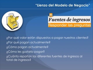 “Lienzo del Modelo de Negocio”
FI

Responder las preguntas
¿Por qué valor están dispuestos a pagar nuestros clientes?
¿Por qué pagan actualmente?
¿Cómo pagan actualmente?
¿Cómo les gustaría pagar?
¿Cuánto reportan las diferentes fuentes de ingresos al
total de ingresos?

 