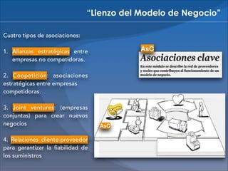 “Lienzo del Modelo de Negocio”
Cuatro tipos de asociaciones:
!
1. Alianzas estratégicas entre
empresas no competidoras.
!
2. Coopetición: asociaciones
estratégicas entre empresas
competidoras. 
3. Joint ventures: (empresas
conjuntas) para crear nuevos
negocios
!
4. Relaciones cliente-proveedor
para garantizar la fiabilidad de
los suministros

AsC

AsC

 