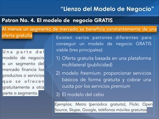 “Lienzo del Modelo de Negocio”
Patron No. 4. El modelo de negocio GRATIS
Al menos un segmento de mercado se beneficia constantemente de una
oferta gratuita
Existen varios patrones diferentes para
conseguir un modelo de negocio GRATIS
viable (tres principales):
Una parte del
modelo de negocio
o un segmento del
mercado financia los
productos o servicios
que se ofrecen
gratuitamente a otra
parte o segmento.

1) Oferta gratuita basada en una plataforma
multilateral (publicidad)
2) modelo freemium. proporcionar servicios
básicos de forma gratuita y cobrar una
cuota por los servicios premium
3) El modelo del cebo
Ejemplos; Metro (periódico gratuito), Flickr, Open
Source, Skype, Google, teléfonos móviles gratuitos

 