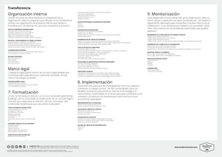 thetransferinstitute.com
THE
TRANSFER
INSTITUTE
DISEÑADO POR: Javier González Sabater para The Transfer Institute. Versión 2.3
En colaboración con la comunidad The Transfer Institute. Inspirado en The Business Model Canvas de Strategyzer
Este trabajo está licenciado bajo licencia “Reconocimiento-CompartirIgual 3.0 Unported”. Para ver una copia de la licencia, visite
http://creativecommons.org/licenses/by-sa/3.0/ o envíe una carta a Creative Commons, 171 Second Street, Suite 300, San Francisco, California
c s a r b
S I N C E 2 0 0 9
Transferencia
Organización interna
¿Existe una postura oficial explícita y transparente de la
organización sobre los aspectos que influyen en la transferencia?
¿Existe una organización de procesos interna que facilite la
transferencia? ¿Se dedican los recursos necesarios al proceso?
POLÍTICA CORPORATIVA DEFINIDA SOBRE
Coste de acceso al conocimiento (pricing)
Filosofía de colaboración con socios externos
Modelo de emprendimiento e incubación
Negociación y propuestas de acuerdos (deals)
Obtención de derechos de propiedad industrial e intelectual
PROCESOS Y PROCEDIMIENTOS DE TRABAJO INTERNOS
Esquemas legales de contratación y colaboración
Obtención de derechos de propiedad industrial e intelectual
Procedimientos de trabajo de todas las etapas del proceso
Gestión por procesos y mejora continua (ISO 9001, UNE 166000…)
COLABORACIONES EXTERNAS
Subcontratación de tareas en el exterior para mejorar eficiencia
Apoyo de expertos consultores y/o socios
RECURSOS DEDICADOS
Oficina de transferencia
Personal gestor
Personal promotor
Recursos económicos
Marco legal
¿Trabaja la organización dentro de un marco legal estable que
contemple adecuadamente las cuestiones derivadas del eje
ciencia-tecnología-sociedad?
CONTEXTO JURÍDICO-LEGAL
Propiedad industrial e intelectual
Colaboración público-privada en ciencia y tecnología
Carrera académica-funcionarial
7. Formalización
¿Cómo se formaliza la relación con el socio localizado (partnership
building)? ¿Se ha concretado la colaboración en un acuerdo legal o
contrato que materialice la relación? ¿Se han alcanzado unas
condiciones beneficiosas para las partes implicadas?
TIPOS DE ACUERDOS CONTRACTUALES
Licencia de patente y/o know-how
Investigación y desarrollo
Asesoramiento y consultoría
Prestación de servicios
Movilidad de personal
Joint-venture
Creación de empresa (licencia, constitución legal)
Etc.
CONTENIDO HABITUAL DE LOS CONTRATOS
Preámbulos legales
Aspectos técnicos
Aspectos económicos
Aspectos legales de la colaboración
Aspectos legales complementarios
GRADO DE RELACIÓN CONTRACTUAL
Acuerdo marco de colaboración
Memorando de entendimiento o declaración de intenciones
Acuerdo de confidencialidad
Preacuerdo (opción de licencia…)
Acuerdo final (licencia, I+D…)
Adendas a contratos
GESTIÓN RESPONSABLE DE DERECHOS DE PROPIEDAD
Acceso
Utilización
Explotación
METODOLOGÍA DE NEGOCIACIÓN
Preparación de la negociación (due dilligence)
Establecimiento de objetivos
Establecimiento de condiciones esenciales y de propuestas de acuerdo (deal)
Operativa negociadora
DETERMINACIÓN DEL PRECIO EN CONTRATOS
Adquisición de activos: metodologías de valoración (Ver fase de evaluación)
Trabajos de investigación (I+D) o consultoría: coste de trabajos según tareas, coste de derechos
Prestación de servicios: coste según tarifas predeterminadas
TIPOS DE INCENTIVOS FINANCIEROS
Financiación pública individual
Financiación pública-privada (PPP, Public-Private Partnerships) nacional e internacional
Incentivos fiscales (investigación e innovación, patent box)
Financiación privada (capital riesgo, capital semilla)
Financiación colectiva (Crowdfunding)
Mecenazgo y filantropía
Sistema financiero tradicional (banca, garantías…)
MECANISMOS DE OBTENCIÓN DE INCENTIVOS FINANCIEROS
Concesión directa previa evaluación
Concurrencia competitiva individual
Concurrencia competitiva en consorcio
Captación de fondos (privados, mecenazgo, colectivo)
INDICADORES GLOBALES
Indicadores de valorización (activos de calidad, oportunidades de calidad…)
Indicadores de comercialización ( contactos de calidad, acciones de calidad…)
Indicadores de transferencia (contratos de calidad, negociaciones de calidad…)
8. Implementación
¿Está todo listo para que los investigadores, técnicos, expertos
comiencen a trabajar juntos? ¿Se han contemplado todos los
detalles necesarios para poner en marcha la tecnología y el
conocimiento involucrados en el activo para que comiencen a ser
utilizados y produzcan los rendimientos tanto técnicos como
económicos esperados?
IMPLEMENTACIÓN DE LA TECNOLOGÍA
Realización del trasvase del activo al socio
Aspectos de adopción de la tecnología por el socio
EJECUCIÓN DEL PROYECTO O SERVICIO
Realización del trabajo de I+D
Realización del trabajo de asesoramiento
Prestación del servicio
ACELERACIÓN DE LA SPIN-OFF
Validación del modelo de negocio (metodología lean startup)
Atracción de inversores privados (capital semilla y capital riesgo)
Desarrollo y crecimiento del negocio
GESTIÓN DEL PROYECTO DE IMPLEMENTACIÓN
Planificación
Ejecución
Cierre
9. Monitorización
¿Está asegurado el buen desarrollo de la colaboración hasta su
cierre natural y obtención de todos los beneficios? ¿Se realiza el
seguimiento adecuado para comprobar la buena marcha de la
colaboración o sus desviaciones respecto a lo acordado? ¿Está
claro cómo solucionar los problemas potenciales que puedan
aparecer?
SEQUIMIENTO DE LA EVOLUCIÓN DE LOS TRABAJOS TÉCNICOS
Trabajos de tipo adquisición de activos
Trabajos de tipo realización de I+D y/o consultoría
Trabajos de tipo prestación de servicios
Trabajos de tipo creación de nueva empresa (contacto periódico con responsables de la spin-off)
SEQUIMIENTO DE LA MARCHA DE LA COLABORACIÓN
Monitorización de la recepción de pagos acordados
Cumplimiento del resto de condiciones de contrato
Aseguramiento / monitorización de los impactos de la colaboración (beneficios no económicos)
REPORTING TÉCNICO Y ECONÓMICO
Interno, según requerimientos de la organización
Externa, según requerimientos de entidades patrocinadoras
RESOLUCIÓN DISPUTAS LEGALES
Solución amistosa
Mediación
Arbitraje
Tribunales
COMUNICACIÓN
Difusión de resultados
Comunicación corporativa
 
