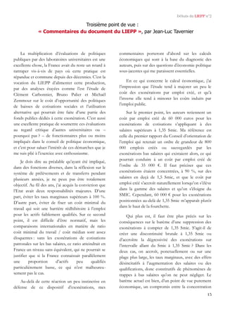 Débats du LIEPP n°2
15
Troisième point de vue :
« Commentaires du document du LIEPP », par Jean-Luc Tavernier
La multiplic...