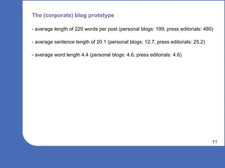 The (corporate) blog prototype <ul><li>- average length of 220 words per post (personal blogs: 199; press editorials: 480)...