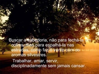Buscar a sabedoria, não para fechá-la em cofres, mas para espalhá-la nas estradas, como faz o vento com os aromas silvestres. Trabalhar, amar, servir, disciplinadamente sem jamais cansar. 