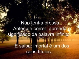 Não tenha pressa. Antes de correr, aprenda o significado da palavra infinito. E saiba: imortal é um dos seus títulos. 