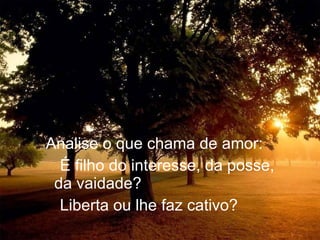 Analise o que chama de amor: É filho do interesse, da posse, da vaidade? Liberta ou lhe faz cativo? 