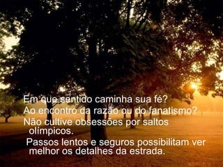 Em que sentido caminha sua fé? Ao encontro da razão ou do fanatismo? Não cultive obsessões por saltos olímpicos. Passos lentos e seguros possibilitam ver melhor os detalhes da estrada. 