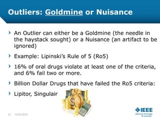 Outliers: Goldmine or Nuisance
An Outlier can either be a Goldmine (the needle in
the haystack sought) or a Nuisance (an artifact to be
ignored)
Example: Lipinski’s Rule of 5 (Ro5)
16% of oral drugs violate at least one of the criteria,
and 6% fail two or more.
Billion Dollar Drugs that have failed the Ro5 criteria:
Lipitor, Singulair
12 5/23/2015
 