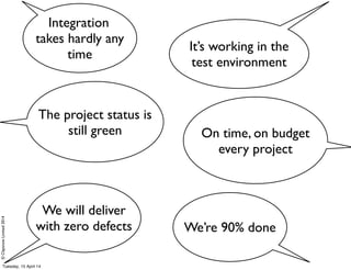 ©ClaysnowLimited2014
The project status is
still green
We’re 90% done
We will deliver
with zero defects
On time, on budget
every project
It’s working in the
test environment
Integration
takes hardly any
time
Tuesday, 15 April 14
 
