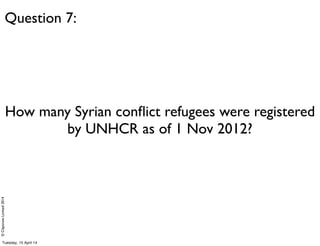 ©ClaysnowLimited2014
How many Syrian conﬂict refugees were registered
by UNHCR as of 1 Nov 2012?
Question 7:
Tuesday, 15 April 14
 