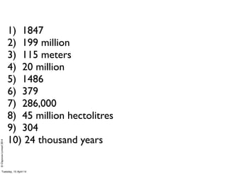 ©ClaysnowLimited2014
1) 1847
2) 199 million
3) 115 meters
4) 20 million
5) 1486
6) 379
7) 286,000
8) 45 million hectolitres
9) 304
10) 24 thousand years
Tuesday, 15 April 14
 