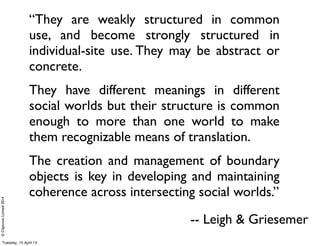 ©ClaysnowLimited2014
“They are weakly structured in common
use, and become strongly structured in
individual-site use. They may be abstract or
concrete.
They have different meanings in different
social worlds but their structure is common
enough to more than one world to make
them recognizable means of translation.
The creation and management of boundary
objects is key in developing and maintaining
coherence across intersecting social worlds.”
-- Leigh & Griesemer
Tuesday, 15 April 14
 