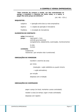 A COMPRA E VENDA EMPRESARIAL 
"Pelo contrato de compra e venda, um dos contratantes se 
obriga a transferir o domínio de certa coisa, e o outro, a 
pagar-lhe certo preço em dinheiro." 
(art. 481 - CCiv.) 
REQUISITOS : 
subjetivo = operação entre dois ou mais empresários 
objetivo = o objeto da operação é mercadoria 
finalístico = circulação de mercadorias 
ELEMENTOS DO CONTRATO : 
coisa (mercadoria) 
preço – regra geral = livre 
controle governamental 
(congelamento, tabelamento, autorização, monitoramento) 
à vista 
à prazo 
condições 
suspensivas 
resolutivas (por amostra não é condicional) 
OBRIGAÇÕES DO VENDEDOR 
transferir o domínio da coisa 
por vícios 
(resolução = ação redibitória ou quanti minoris 
= ação estimatória) 
por evicção 
despesas com a tradição 
OBRIGAÇÕES DO COMPRADOR 
pagar o preço (no local, montante e prazo contratado) 
receber a coisa (no tempo, lugar e modo contratado) 
despesas com registro 
CONTRATOS EMPRESARIAIS Página 5 
 