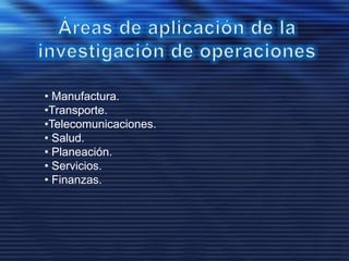 • Manufactura.
•Transporte.
•Telecomunicaciones.
• Salud.
• Planeación.
• Servicios.
• Finanzas.
 