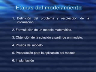 1. Definición del problema y recolección de la
información.
2. Formulación de un modelo matemático.
3. Obtención de la solución a partir de un modelo.
4. Prueba del modelo
5. Preparación para la aplicación del modelo.
6. Implantación
 