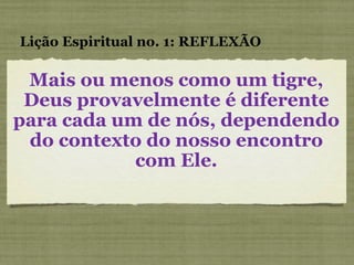Mais ou menos como um tigre, Deus provavelmente é diferente para cada um de nós, dependendo do contexto do nosso encontro com Ele. Lição Espiritual no. 1: REFLEXÃO 