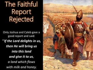 Only Joshua and Caleb gave a
good report and said:
"'If the Lord delights in us,
then He will bring us
into this land
and give it to us,
a land which flows
with milk and honey.
 