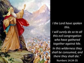 I the Lord have spoken
this.
I will surely do so to all
this evil congregation
who have gathered
together against Me.
In this wilderness they
shall be consumed, and
there they shall die."
Numbers 14:34-35
 