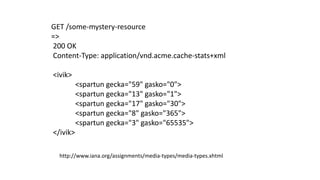GET /some-mystery-resource
=>
200 OK
Content-Type: application/vnd.acme.cache-stats+xml
<ivik>
<spartun gecka="59" gasko="0">
<spartun gecka="13" gasko="1">
<spartun gecka="17" gasko="30">
<spartun gecka="8" gasko="365">
<spartun gecka="3" gasko="65535">
</ivik>
http://www.iana.org/assignments/media-types/media-types.xhtml
 