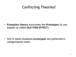 Conflicting Theories?
• Exemplars theory overcomes the Prototypes (it can
explain so called OLD ITEM EFFECT).
• Still in s...