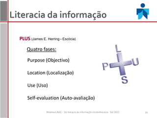 Literacia da informação

  PLUS (James E. Herring - Escócia)

      Quatro fases:
      Purpose (Objectivo)

      Location (Localização)

      Use (Uso)

      Self-evaluation (Auto-avaliação)

                 Webinars BAD - Da literacia da informação à transliteracia - Set 2012   29
 
