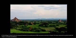 Le site de Bagan s'étend sur plus de cinquante kilomètres et accueille plus de 2 800 monuments construits en briques. On trouve notamment un grand nombre de
"stupa", ces temples bouddhiques.
 