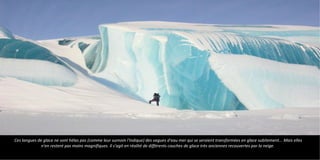 Ces langues de glace ne sont hélas pas (comme leur surnom l'indique) des vagues d'eau mer qui se seraient transformées en glace subitement... Mais elles
n'en restent pas moins magnifiques. Il s'agit en réalité de différents couches de glace très anciennes recouvertes par la neige.
 