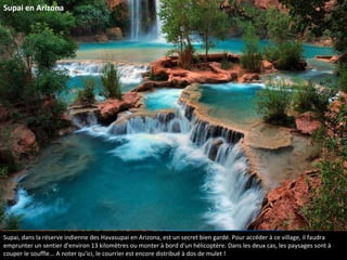 Supai, dans la réserve indienne des Havasupai en Arizona, est un secret bien gardé. Pour accéder à ce village, il faudra
emprunter un sentier d'environ 13 kilomètres ou monter à bord d'un hélicoptère. Dans les deux cas, les paysages sont à
couper le souffle... A noter qu'ici, le courrier est encore distribué à dos de mulet !
Supai en Arizona
 
