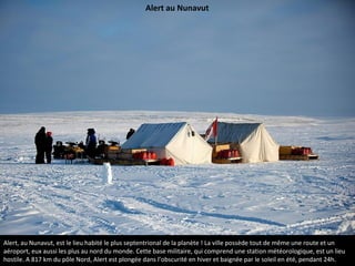 Alert, au Nunavut, est le lieu habité le plus septentrional de la planète ! La ville possède tout de même une route et un
aéroport, eux aussi les plus au nord du monde. Cette base militaire, qui comprend une station météorologique, est un lieu
hostile. A 817 km du pôle Nord, Alert est plongée dans l’obscurité en hiver et baignée par le soleil en été, pendant 24h.
Alert au Nunavut
 