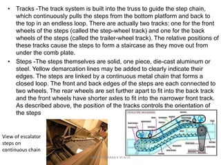 • Tracks -The track system is built into the truss to guide the step chain,
which continuously pulls the steps from the bottom platform and back to
the top in an endless loop. There are actually two tracks: one for the front
wheels of the steps (called the step-wheel track) and one for the back
wheels of the steps (called the trailer-wheel track). The relative positions of
these tracks cause the steps to form a staircase as they move out from
under the comb plate.
• Steps -The steps themselves are solid, one piece, die-cast aluminum or
steel. Yellow demarcation lines may be added to clearly indicate their
edges. The steps are linked by a continuous metal chain that forms a
closed loop. The front and back edges of the steps are each connected to
two wheels. The rear wheels are set further apart to fit into the back track
and the front wheels have shorter axles to fit into the narrower front track.
As described above, the position of the tracks controls the orientation of
the steps
View of escalator
steps on
continuous chain
KEDHEESWARAN K M.Arch
 