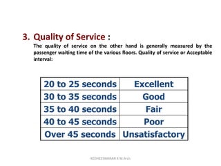 3. Quality of Service :
The quality of service on the other hand is generally measured by the
passenger waiting time of the various floors. Quality of service or Acceptable
interval:
20 to 25 seconds Excellent
30 to 35 seconds Good
35 to 40 seconds Fair
40 to 45 seconds Poor
Over 45 seconds Unsatisfactory
KEDHEESWARAN K M.Arch
 