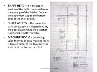 • SHAFT HEAD – It is the upper
section of the shaft, measured from
the top edge of the finished floor at
the uppermost stop to the bottom
edge of the shaft ceiling.
• SHAFT ACCESS – The size of the
shaft access points is determined by
the door design, while their location
is defined by shaft symmetry.
• MACHINE ROOM - Depending
upon the type of drive machine room
is located either at the top above the
shaft or at the bottom next to it.
KEDHEESWARAN K M.Arch
 