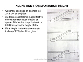 INCLINE AND TRANSPORTATION HEIGHT
• Generally designed on an incline of
27.3, 30, 35 degrees.
• 35 degree escalator is most effective
since it requires least amount of
space. This incline is applicable to a
total transportation height of 6m
• If the height is more than 6m than
incline of 27.3 should be given
KEDHEESWARAN K M.Arch
 