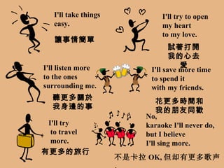 I'll take things easy. I'll try to open  my heart to my love. I'll listen more to the ones surrounding me. I'll save more time to spend it  with my friends. I'll try to travel more. No,  karaoke I'll never do, but I believe I'll sing more. 讓事情簡單 試著打開我的心去愛 聽更多關於我身邊的事 花更多時間和我的朋友同歡 有更多的旅行 不是卡拉 OK, 但却有更多歌声． 