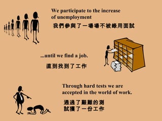 We participate to the increase  of unemployment ...until we find a job. Through hard tests we are accepted in the world of work. 我們參與了一場場不被錄用面試 直到找到了工作 通過了艱難的測試獲了一份工作 