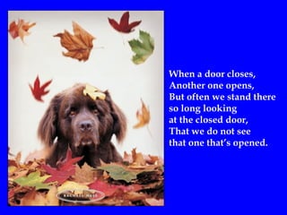 When a door closes ,   Another one opens , But often we stand there  so long looking at the closed door,  That we do not see  that one that’s opened. 