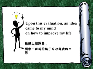 Upon this evaluation, an idea came to my mind  on how to improve my life. 根據上述評斷 , 腦中出現新的點子來改善我的生活 