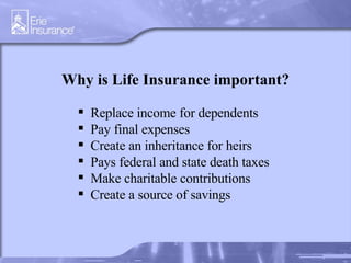 Why is Life Insurance important? Replace income for dependents Pay final expenses Create an inheritance for heirs Pays federal and state death taxes Make charitable contributions Create a source of savings 