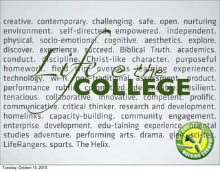 creative. contemporary. challenging. safe. open. nurturing
environment. self-directed. empowered. independent.
physical. socio-emotional. cognitive. aesthetics. explore.
discover. experience. succeed. Biblical Truth. academics.
conduct. discipline. Christ-like character. purposeful
homework. ?eld trip. overseas learning experience.
technology. wi-?. non-traditional assessment. product.
performance rubric. committed. dependable. resilient.
tenacious. collaborative. innovative. competent. proli?c.
communicative. critical thinker. research and development.
homelinks. capacity-building. community engagement.
enterprise development. edu-taining experience. oriental
studies adventure. performing arts. drama. glee. sci-tek.
LifeRangers. sports. The Helix.
COLLEGE
Life @ the
Tuesday, October 15, 2013
 