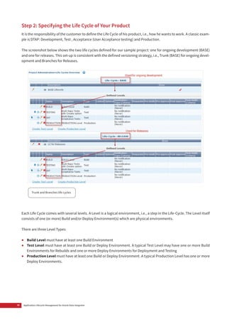 10 Application Lifecycle Management for Oracle Data Integrator
Step 2: Specifying the Life Cycle of Your Product
It is the responsibility of the customer to define the Life Cycle of his product, i.e., how he wants to work. A classic exam-
ple is DTAP: Development, Test , Acceptance (User Acceptance testing) and Production.
The screenshot below shows the two life cycles defined for our sample project: one for ongoing development (BASE)
and one for releases. This set-up is consistent with the defined versioning strategy, i.e., Trunk (BASE) for ongoing devel-
opment and Branches for Releases.
Each Life Cycle comes with several levels. A Level is a logical environment, i.e., a step in the Life-Cycle. The Level itself
consists of one (or more) Build and/or Deploy Environment(s) which are physical environments.
There are three Level Types:
•	 Build Level must have at least one Build Environment
•	 Test Level must have at least one Build or Deploy Environment. A typical Test Level may have one or more Build
Environments for Rebuilds and one or more Deploy Environments for Deployment and Testing
•	 Production Level must have at least one Build or Deploy Environment. A typical Production Level has one or more
Deploy Environments.
Trunk and Branches life cycles
 