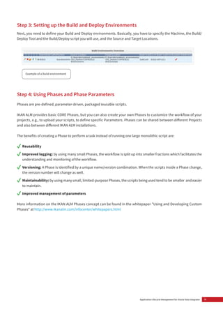 11Application Lifecycle Management for Oracle Data Integrator
Step 3: Setting up the Build and Deploy Environments
Next, you need to define your Build and Deploy environments. Basically, you have to specify the Machine, the Build/
Deploy Tool and the Build/Deploy script you will use, and the Source and Target Locations.
Step 4: Using Phases and Phase Parameters
Phases are pre-defined, parameter-driven, packaged reusable scripts.
IKAN ALM provides basic CORE Phases, but you can also create your own Phases to customize the workflow of your
projects, e.g., to upload your scripts, to define specific Parameters. Phases can be shared between different Projects
and also between different IKAN ALM installations.
The benefits of creating a Phase to perform a task instead of running one large monolithic script are:
✓✓ Reusability
✓✓ Improved logging: by using many small Phases, the workflow is split up into smaller fractions which facilitates the
understanding and monitoring of the workflow.
✓✓ Versioning: A Phase is identified by a unique name/version combination. When the scripts inside a Phase change,
the version number will change as well.
✓✓ Maintainability: by using many small, limited-purpose Phases, the scripts being used tend to be smaller and easier
to maintain.
✓✓ Improved management of parameters
More information on the IKAN ALM Phases concept can be found in the whitepaper "Using and Developing Custom
Phases" at http://www.ikanalm.com/infocenter/whitepapers.html
Example of a Build environment
 