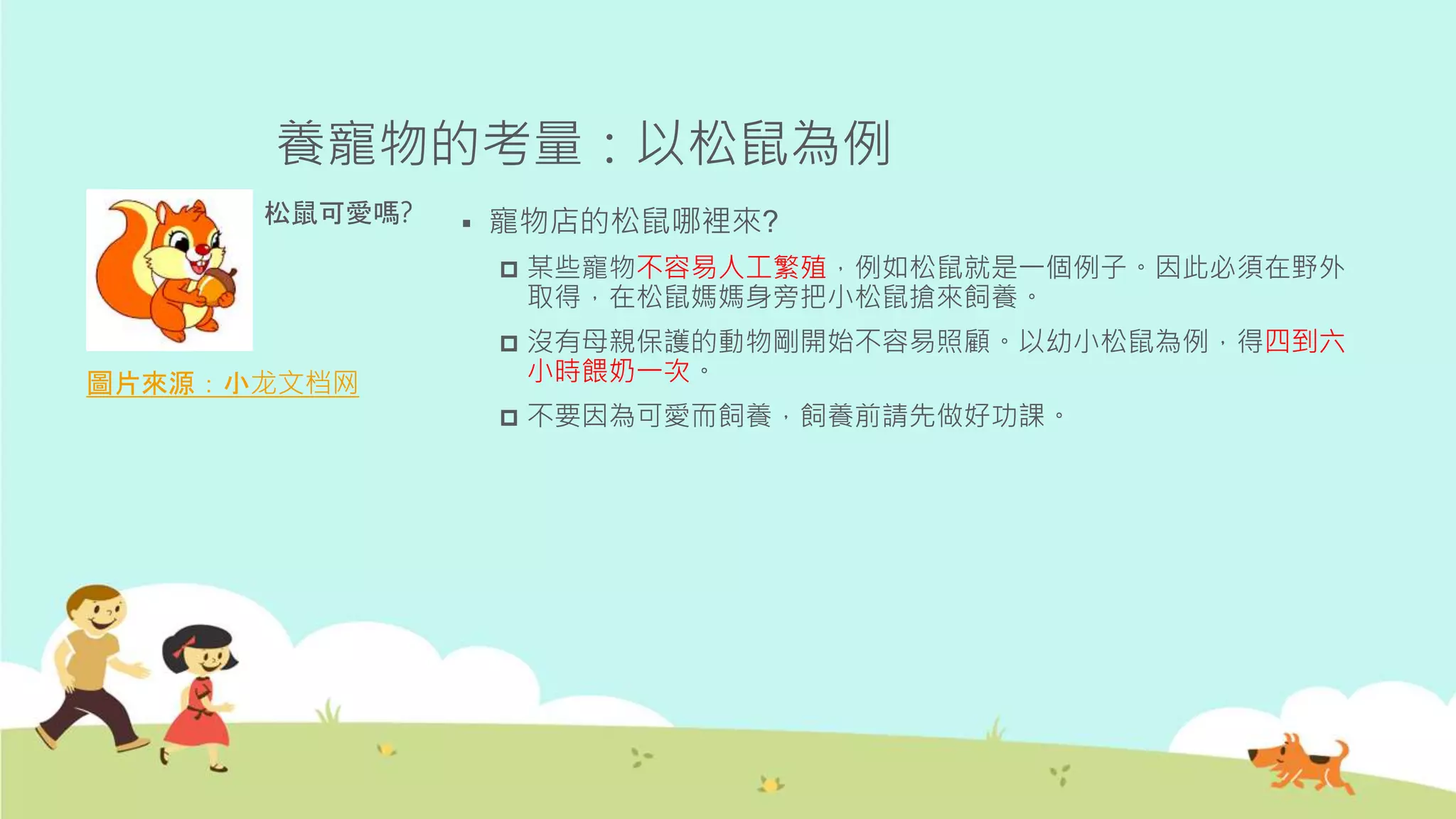 養寵物的考量：以松鼠為例
圖片來源：小龙文档网
松鼠可愛嗎?  寵物店的松鼠哪裡來?
 某些寵物不容易人工繁殖，例如松鼠就是一個例子。因此必須在野外
取得，在松鼠媽媽身旁把小松鼠搶來飼養。
 沒有母親保護的動物剛開始不容易照顧。以幼小松鼠為例，得四到六
小時餵奶一次。
 不要因為可愛而飼養，飼養前請先做好功課。
 